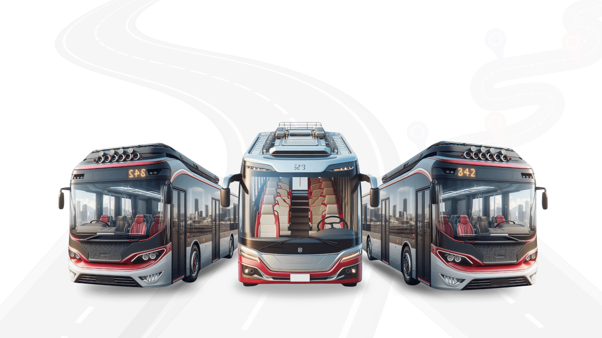 Stylized image of buses on a winding road with map pins